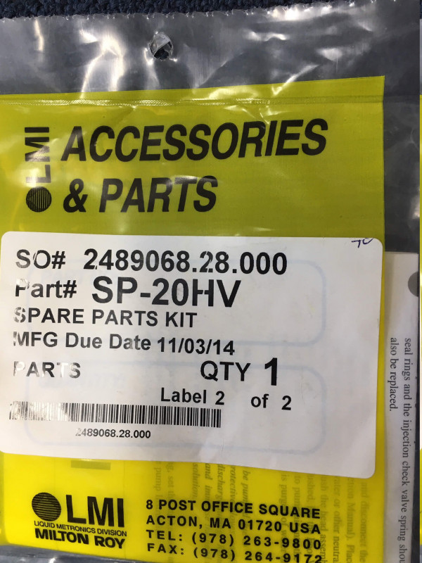 LMI Spare Parts Kit, p/n# SP-20HV